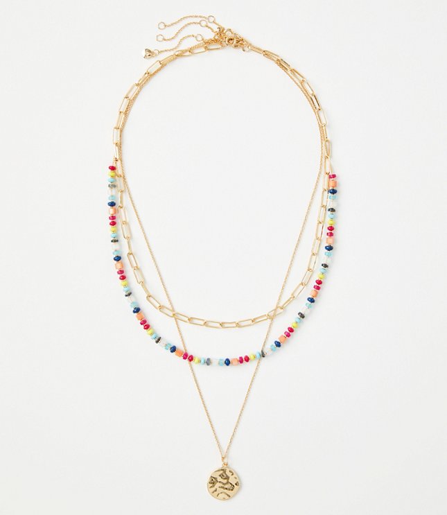 Coin Beaded Layered Chain Link Necklace