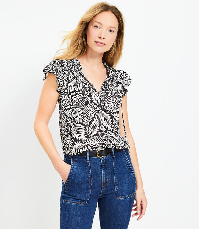 Petite Paisley Ruffle Yoke Tie Neck Top