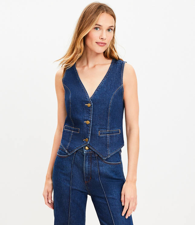 Petite Faux Denim Double Breasted Blazer