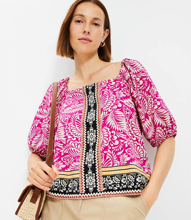 Petite Palm Bubble Sleeve Square Neck Blouse