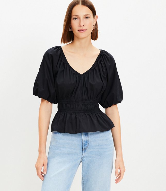 Petite Gathered Waist V-Neck Blouse