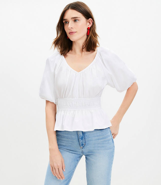 Petite Gathered Waist V-Neck Blouse