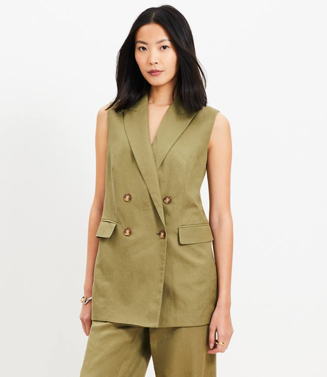 Petite Linen Blend Double Breasted Vest
