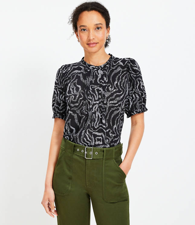 Petite Ripple Pintucked Puff Sleeve Mixed Media Blouse