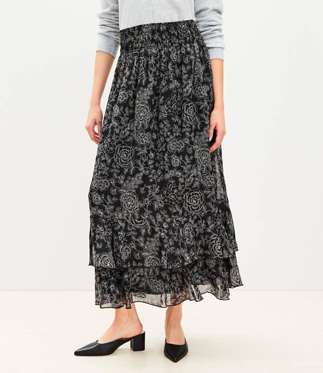 Metallic Striped Floral Ruffle Smocked Maxi Skirt