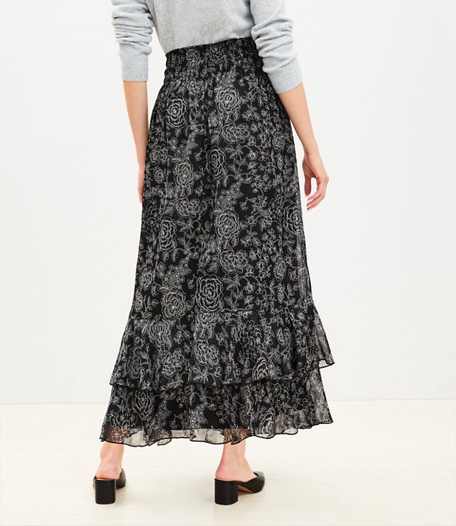 Metallic Striped Floral Ruffle Smocked Maxi Skirt