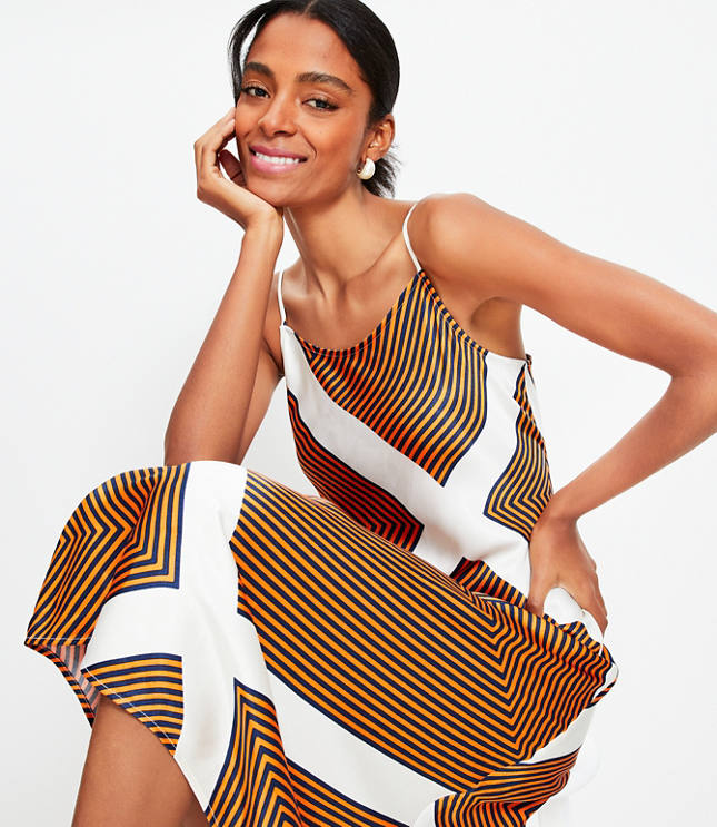 Petite Striped Satin Strappy Bias Midi Dress