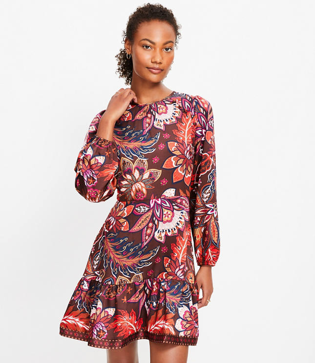 Petite Paisley Shoulder Button Flounce Dress