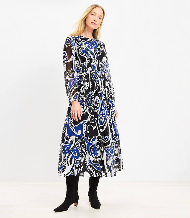 Loft Petite Paisley Shirred Flounce Midi Dress
