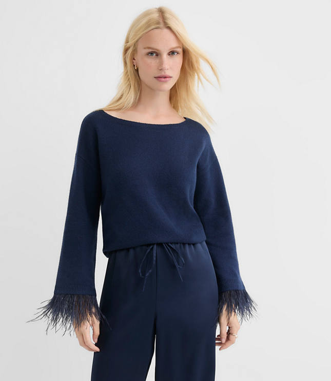 Feathered Cuff Boatneck Sweater