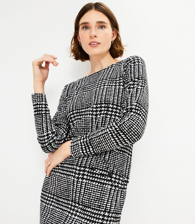 Petite Houndstooth Button Back Pocket Dress