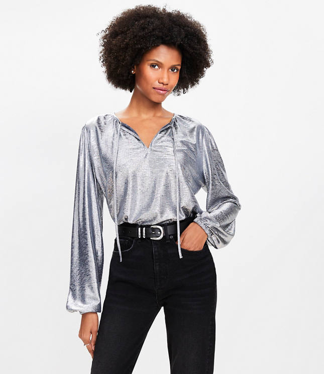 Metallic Knit Tie Neck Blouse