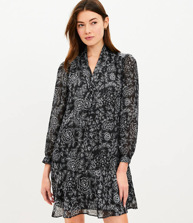 Floral Linen Blend Long Sleeve Shift Dress