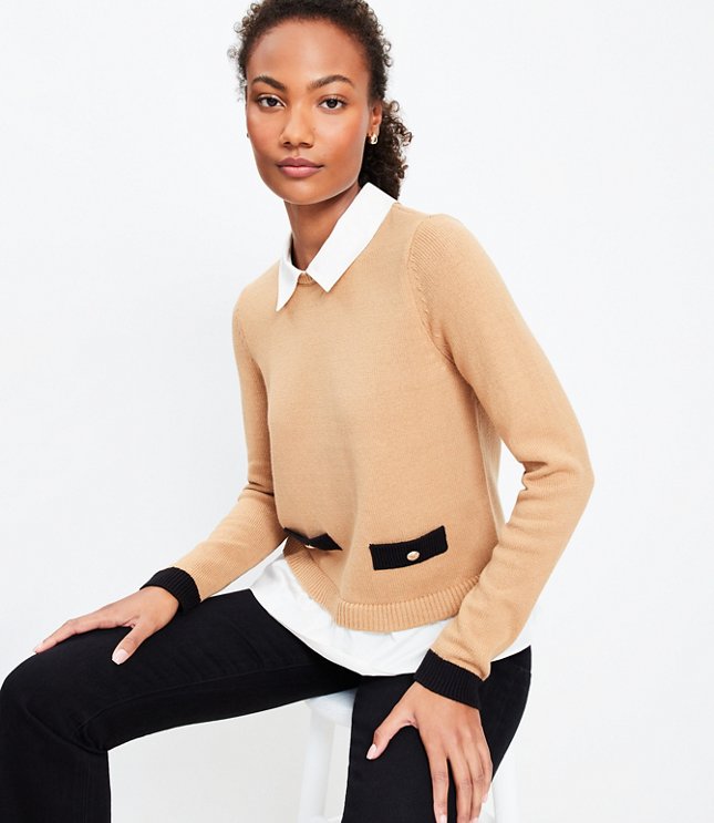 Petite Poplin Layered Mixed Media Sweater