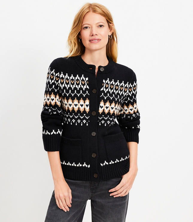 Fair Isle Waisted Patch Pocket Cardigan