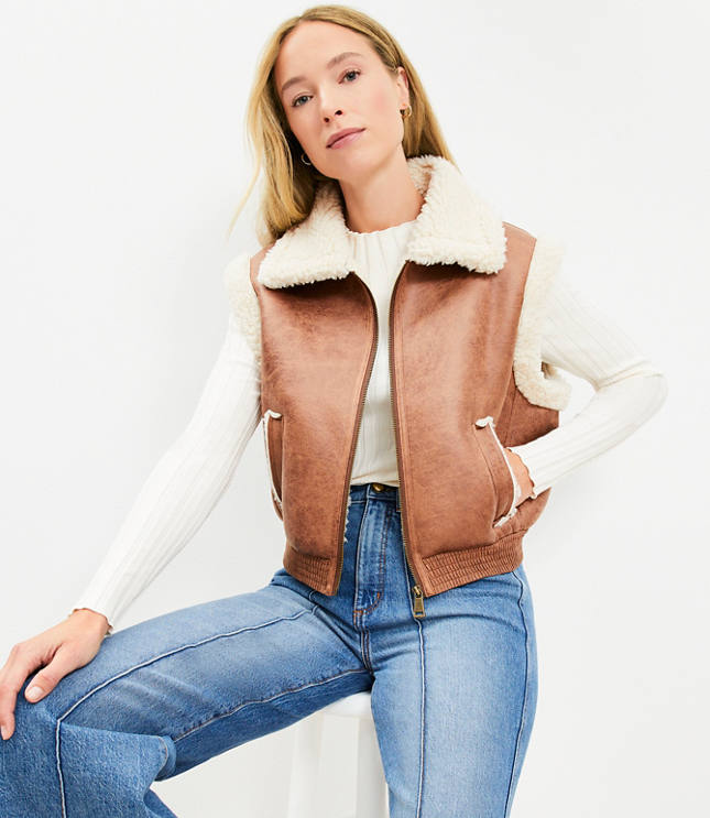 Petite Crackle Faux Leather Shearling Pocket Vest