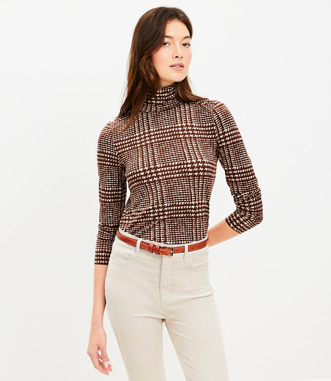 Plaid Puff Sleeve Mock Neck Top