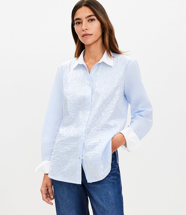 Petite Sequin End On End Cotton Relaxed Shirt