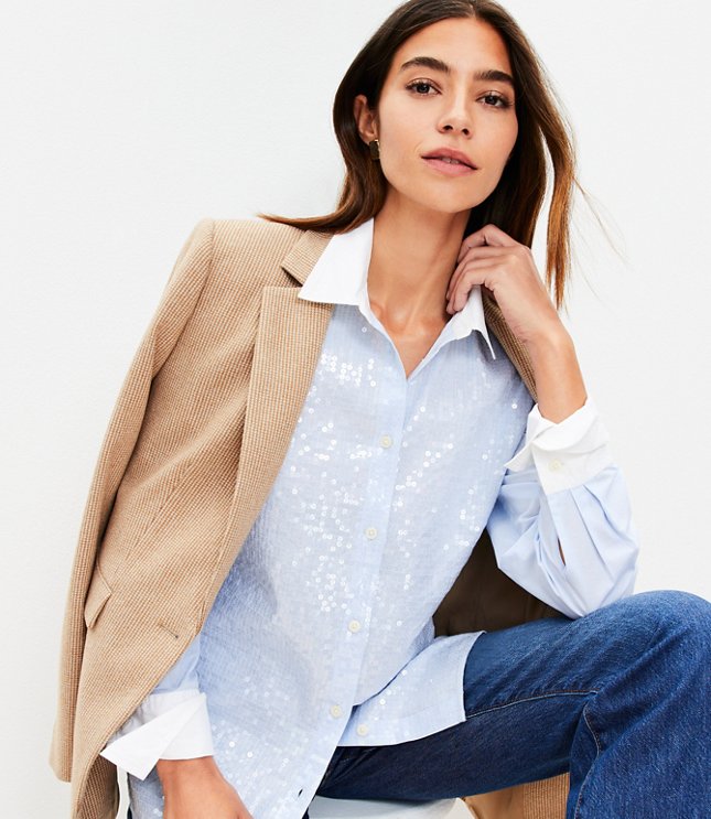 Petite Sequin End On Cotton Relaxed Shirt