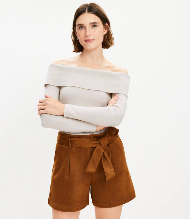 Petite Belted Shorts in Faux Suede