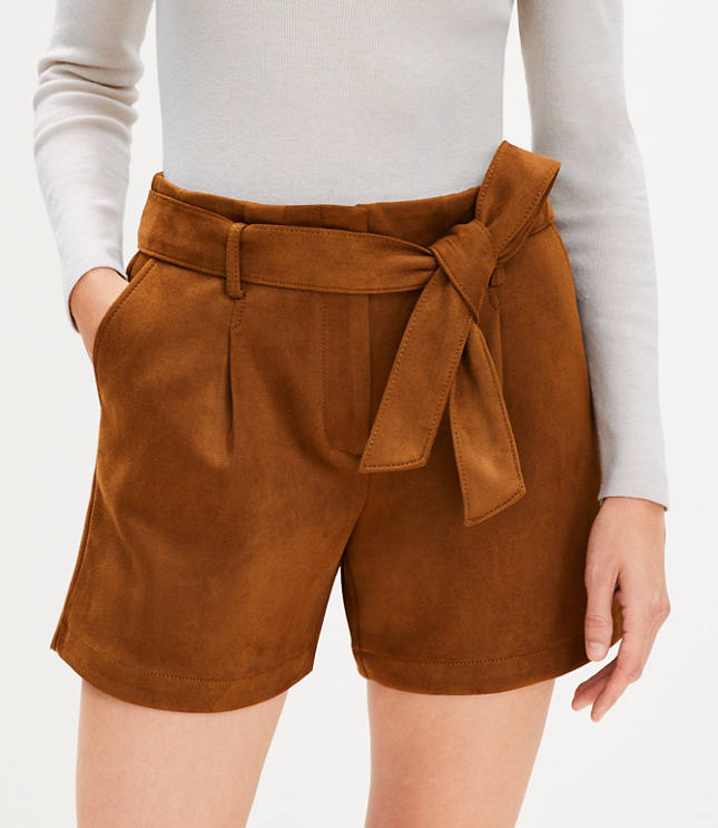 Petite Belted Shorts in Faux Suede