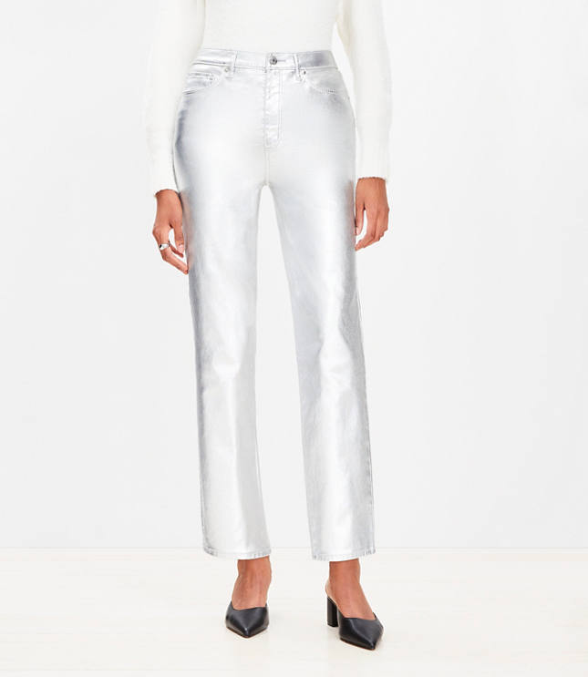 Petite Curvy Coated High Rise Straight Jeans in Silver Metallic