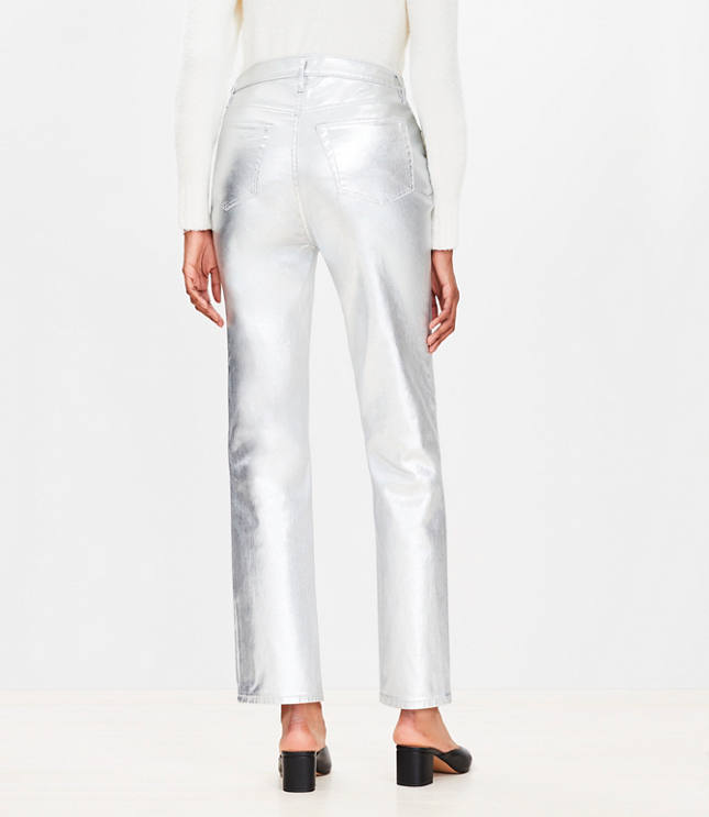 Petite Curvy Coated High Rise Straight Jeans in Silver Metallic