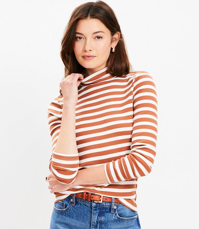 Petite Stripe Perfect Ribbed Mock Neck Long Sleeve Top