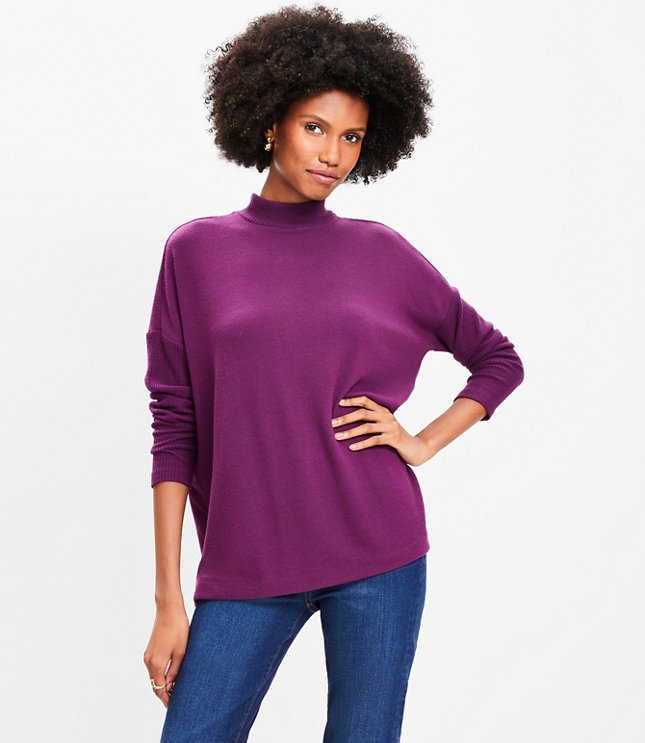 Ribtrim Jersey Mock Neck Top