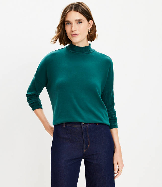 Ribtrim Jersey Mock Neck Top