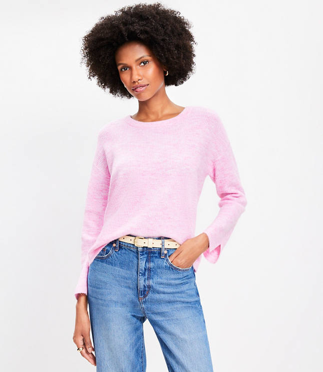 Petite Ribbed Slit Cuff Flare Sleeve Sweater