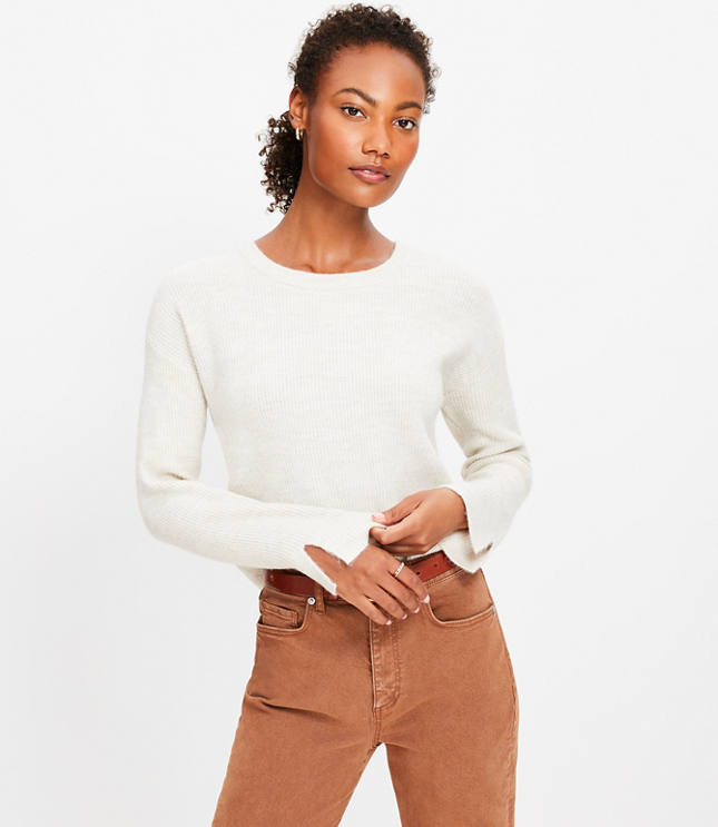 Petite Ribbed Slit Cuff Flare Sleeve Sweater