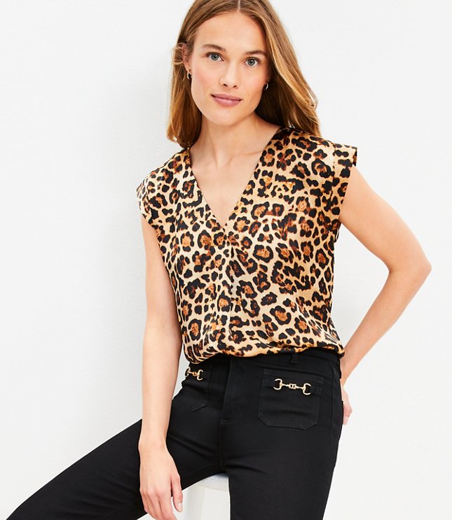Leopard Print Satin Cap Sleeve V-Neck Top