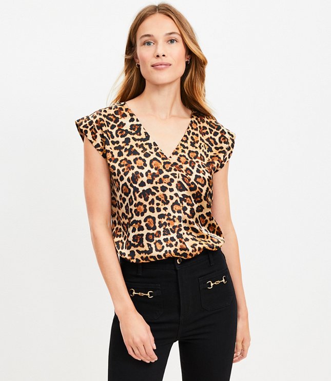 Leopard Print Satin Cap Sleeve V-Neck Top