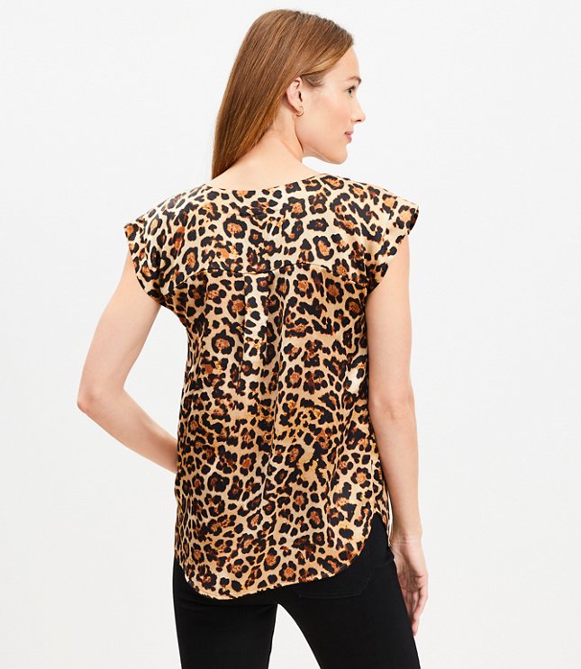 Leopard Print Satin Cap Sleeve V-Neck Top