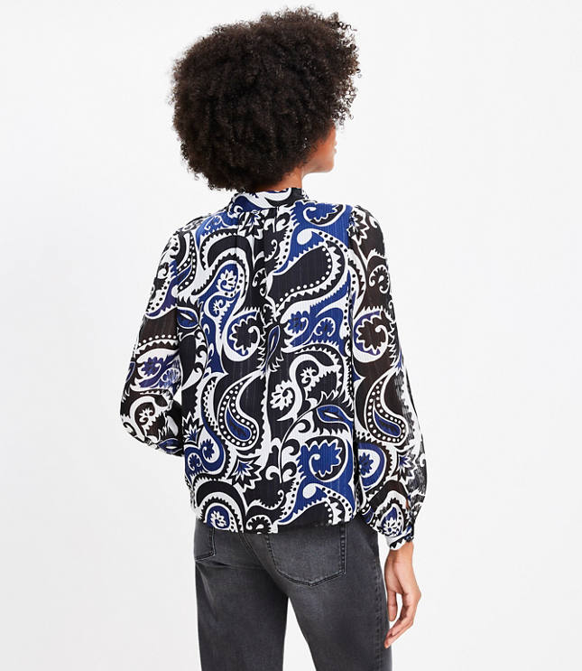 Petite Shimmer Stripe Paisley Mock Neck Blouse