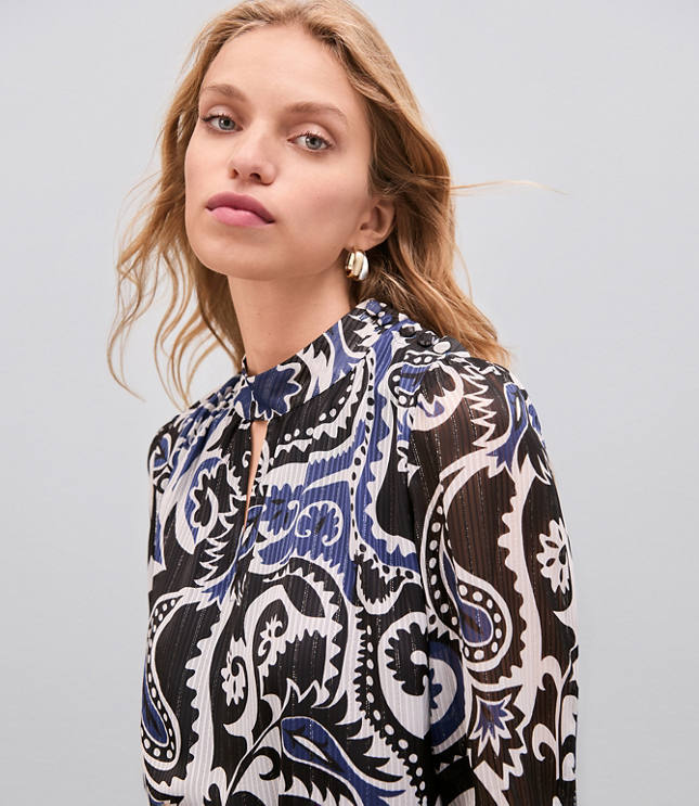 Petite Shimmer Stripe Paisley Mock Neck Blouse