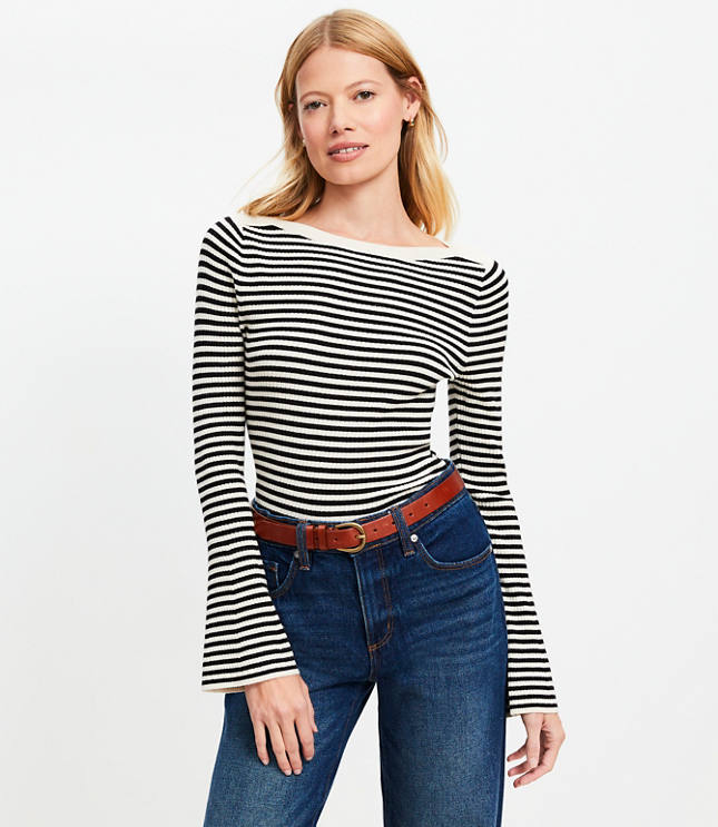 Striped Boatneck Flare Sleeve Sweater