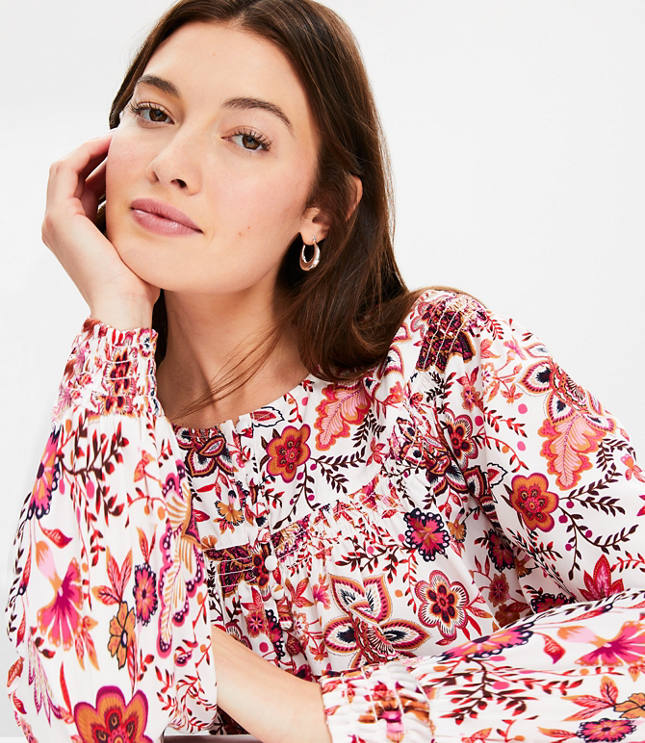 Loft Garden Smocked Trim Mixed Media Blouse