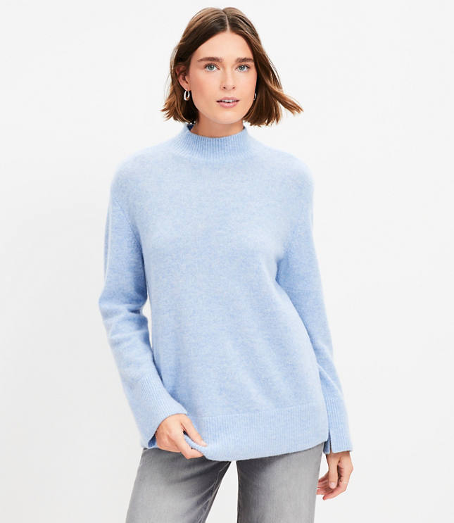 Slit Cuff Mock Neck Cashmere Tunic Sweater