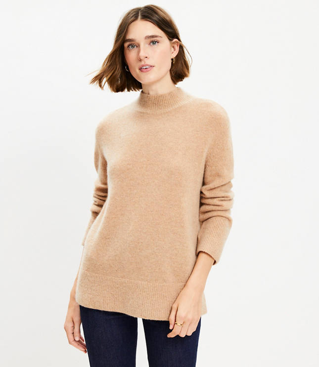 Slit Cuff Mock Neck Cashmere Tunic Sweater