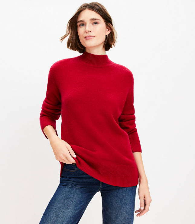 Slit Cuff Mock Neck Cashmere Tunic Sweater