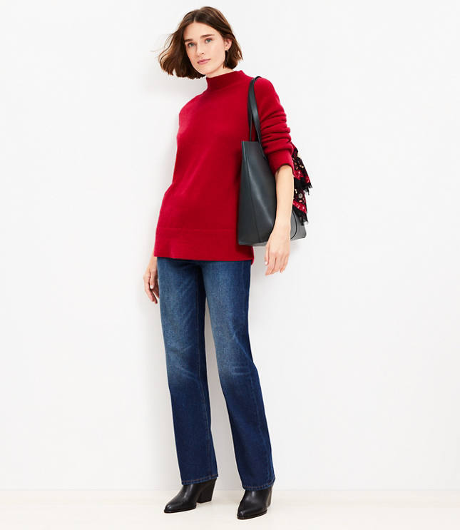 Slit Cuff Mock Neck Cashmere Tunic Sweater