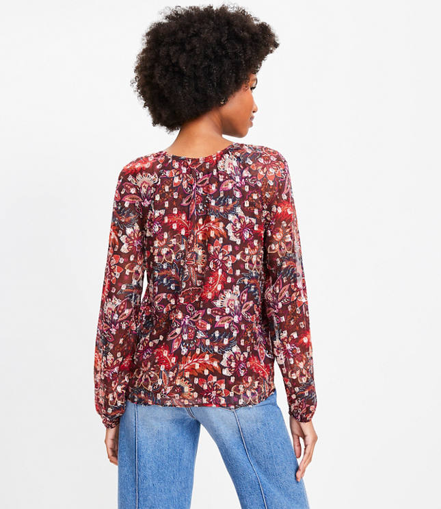 Petite Shimmer Clip Paisley Shirred Raglan Blouse