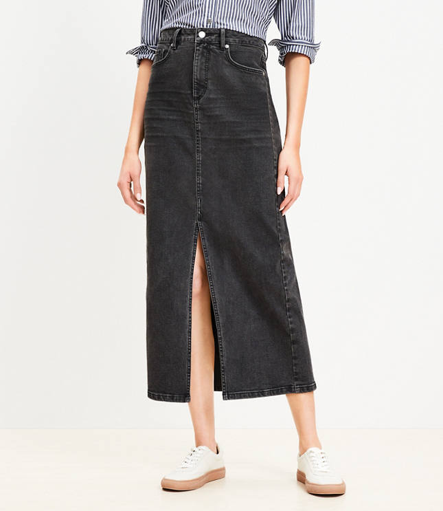 Petite Denim Front Slit Pocket Midi Skirt in Washed Black