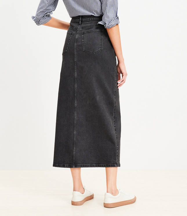 Petite Denim Front Slit Pocket Midi Skirt in Washed Black