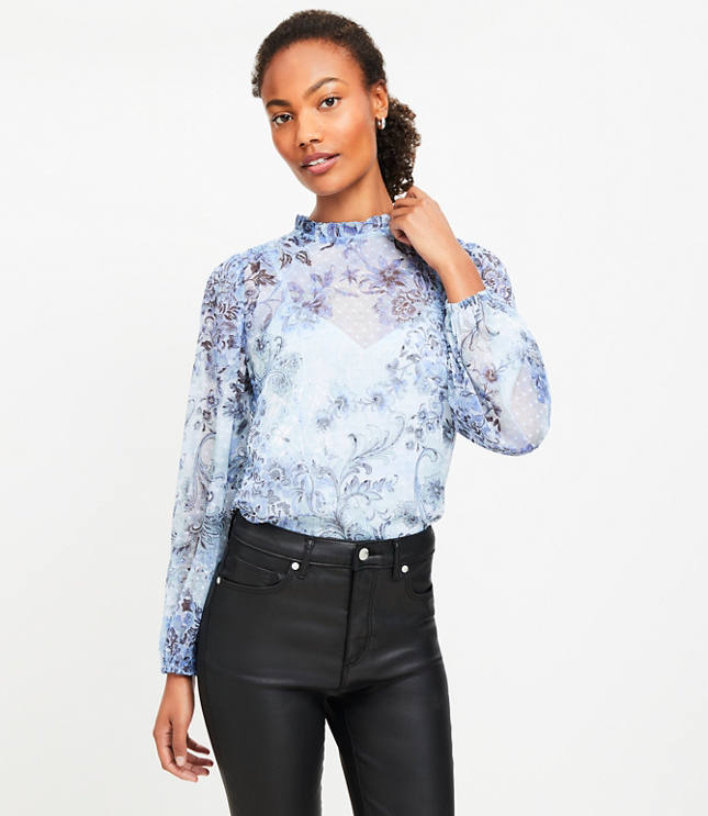 Floral Clip Ruffle Neck Blouse