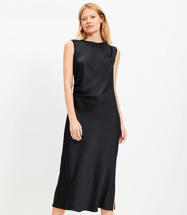 Satin Side Ruched Bias Midi Dress