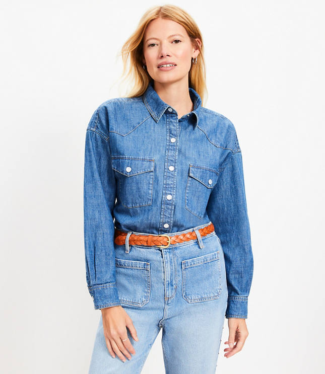 Petite Western Denim Tunic Shirt in Medium Wash