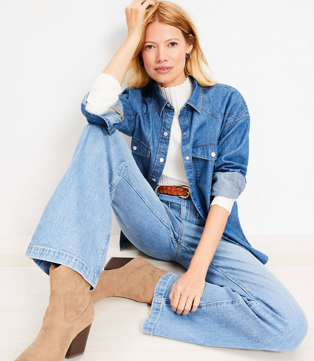 Petite Western Denim Tunic Shirt in Medium Wash